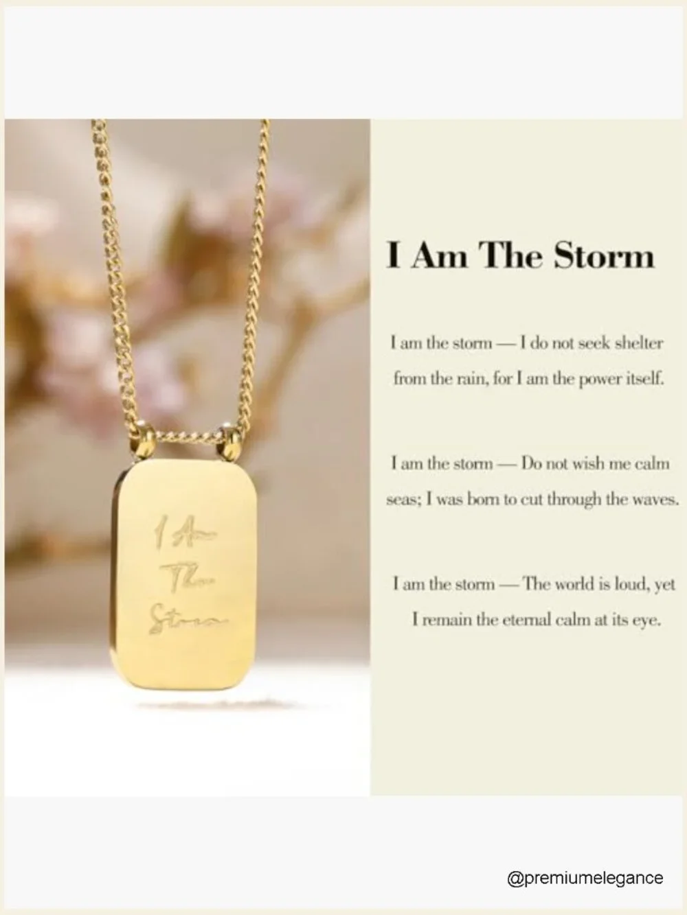 Inspirational Gold Pendant Necklace I Am The Storm Square Chain